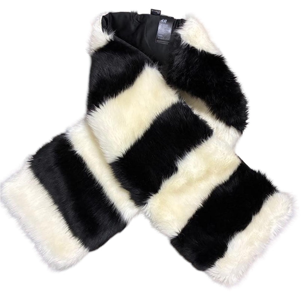 H&M Black White Faux Fur Striped Scarf Stole 10x64